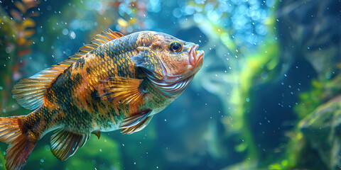 Fototapeta premium Fish Dropsy: The Abdominal Swelling and Pinecone Appearance - Imagine a fish with highlighted abdomen showing fluid retention, experiencing abdominal swelling and pinecone appearance
