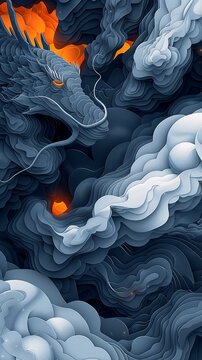 Abstract Vector Art Of Clouds And Sky With A Deep Gray To Dark Navy Blue Color Palette And Orange Highlights