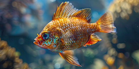 Fish Dropsy: The Abdominal Swelling and Pinecone Appearance - Imagine a fish with highlighted abdomen showing fluid retention, experiencing abdominal swelling and pinecone appearance
