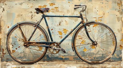 Vintage bicycle against a textured wall, displaying rustic charm and artistic appeal