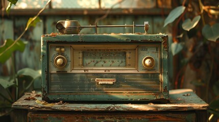 Vintage radio on worn-out cabinet amidst lush foliage creates a nostalgic scene