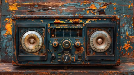 Vintage radio on rustic background, detailed bronze dials and ancient design