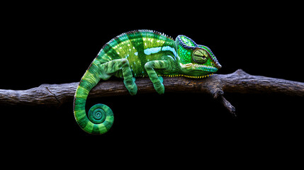Green Chameleon on branch black background