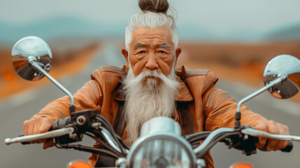 A Chinese man with a long beard is riding a motorcycle down a road. The man is wearing a leather...