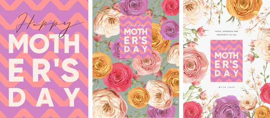 Happy Mother's Day. Vector watercolor modern elegant floral illustration of peony flower, rose, plant, bouquet, pattern, pink and purple geometric logo, leaf, for greeting card, invitation or poster - 791000090