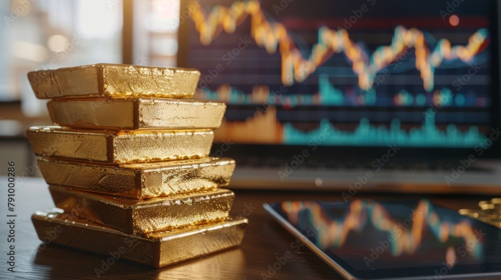 Poster gold bullion bars stacked neatly on a desk with a tablet displaying real-time market data in the bac