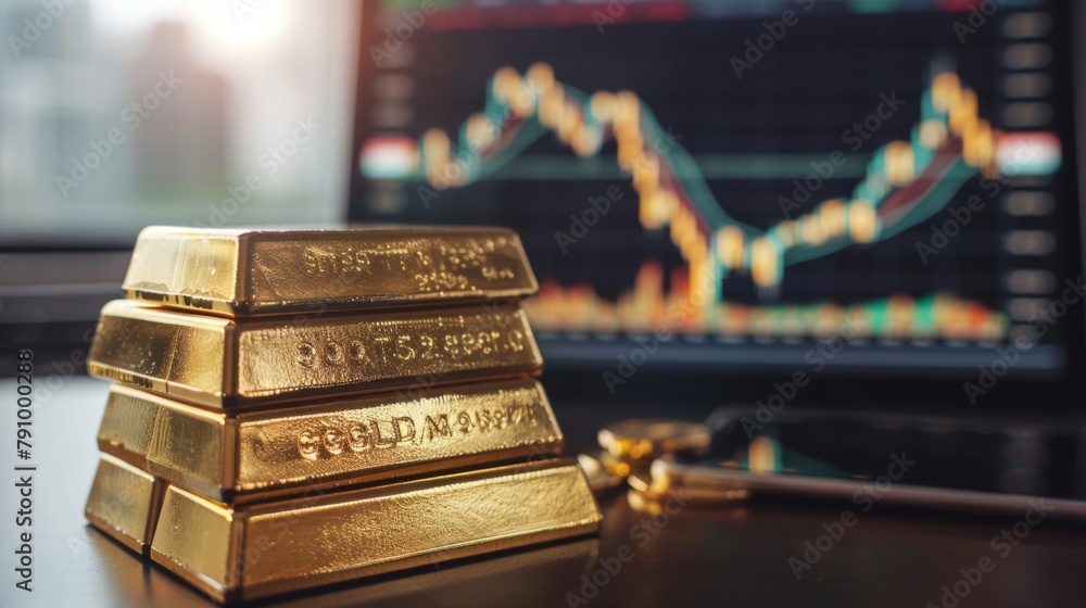 Poster Gold bullion bars stacked neatly on a desk with a tablet displaying real-time market data in the background.