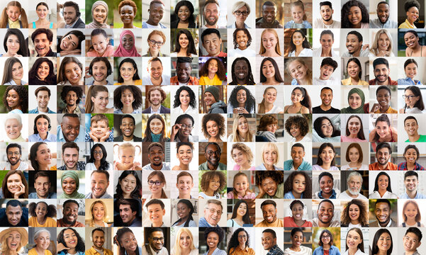 Grid of diverse blurred faces in collage