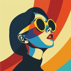 Graphic illustration of a girl with stylized sunglasses in minimalist style on colorful background