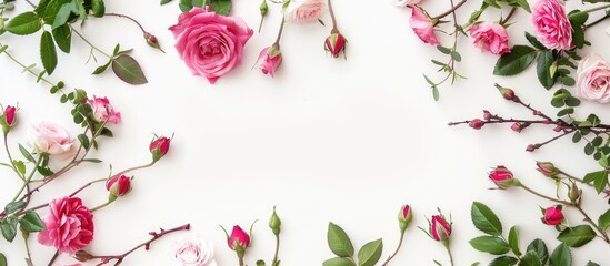 Circular floral wreath design featuring roses, pink flower buds, branches, and leaves on a white background. Viewed from above in a flat lay style.