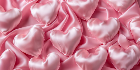 Valentine's Day Hearts Display Background. Abstract Holiday Backdrop with Pink Satin Heart. Overhead View of Hearts, Creating a Love Concept, Wedding Scene. Flatlay