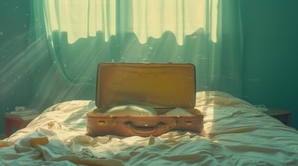 Vintage suitcase open on a floral bedspread in sunlit room, travel nostalgia - obrazy, fototapety, plakaty
