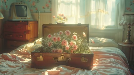 Vintage suitcase open on a floral bedspread in sunlit room, travel nostalgia