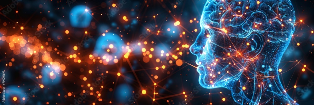 Poster a futuristic digital brain network connecting minds with glowing intelligence in cyberspace.