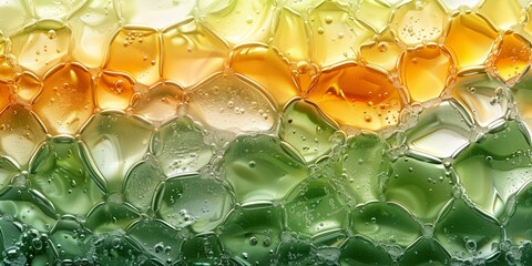 In a bright, macro shot, colorful bubbles dance in liquid, creating a mesmerizing honeycomb pattern. - 791001620