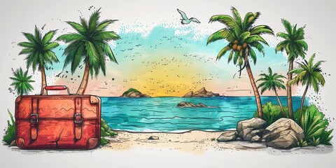 A watercolor illustration captures the essence of a tropical summer beach scene with a leather suitcase. - 791001652