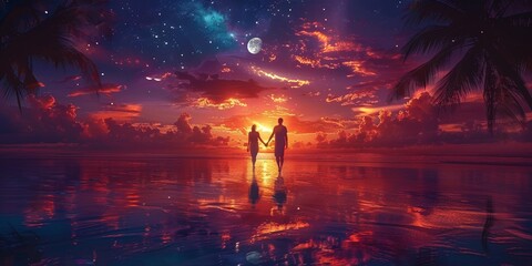 In a celestial dreamscape, a romantic couple's silhouette adorns the surreal sunset horizon, under a starry sky. - 791001653