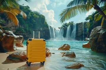 A suitcase stands by a tropical waterfall, embracing the vacation vibe.