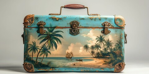 A retro vintage suitcase with a pattern of sandy ocean shores amidst palm trees. - 791001676