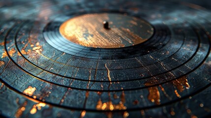 Detailed close-up of a vintage vinyl record with bronze grooves and elegant textures