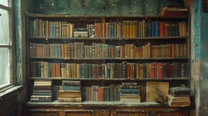 Vintage books on wooden shelves against a weathered blue wall, a nostalgic library scene