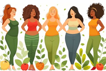 A diverse, positive cartoon illustration celebrates body diversity and happiness, featuring smiling women. - 791001846