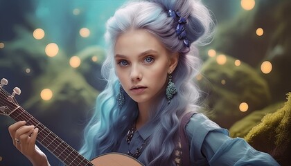 Märchenmädchen spielt Gitarre in einen Märchenwald. 
