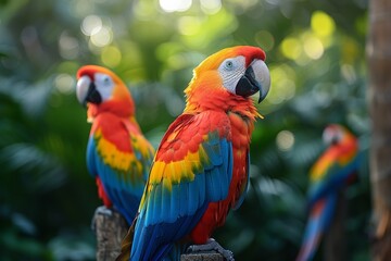 A stunning macaw, resplendent in colorful plumage, gazes from its perch in the rainforest.