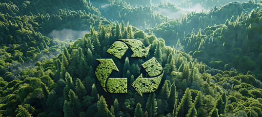 Recyclyling symbol created on the top of a mountain with many trees in a very green forest