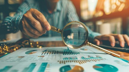 Investor holding a magnifying glass examining details of a gold price graph printed on paper. - obrazy, fototapety, plakaty