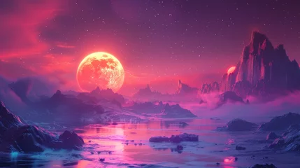 Papier Peint photo Violet Stunning alien landscape under a vibrant pink sky with glowing crystals and surreal rock formations