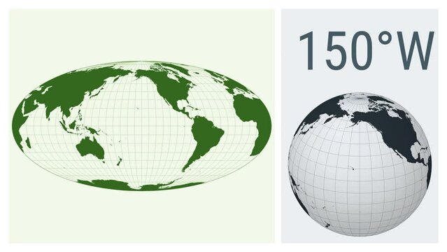 World Map Animation. Equal-area, pseudocylindrical Mollweide projection. Solid color style. Animated world map in Mollweide projection. Loopable animation showing longitude shift and matching globe.