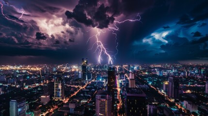 Lightning illuminating the night sky over a city skyline as a thunderstorm rolls in, creating a striking contrast between light and darkness.