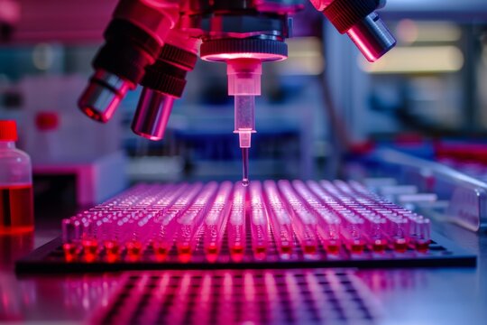 Scientist pipetting medical samples into microplate in laboratory. Medical research