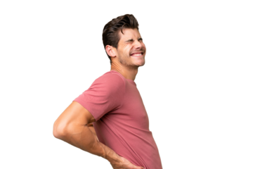 Young handsome caucasian man over isolated background suffering from backache for having made an effort