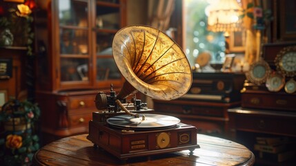 Fototapeta na wymiar Vintage elegance: An antique gramophone stands serene amid luxurious wood-paneled room