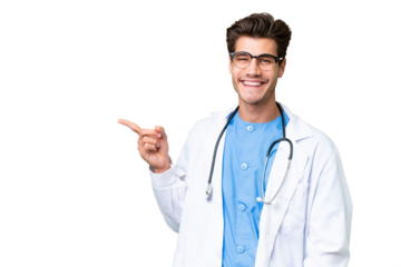 Young doctor man over isolated background pointing finger to the side