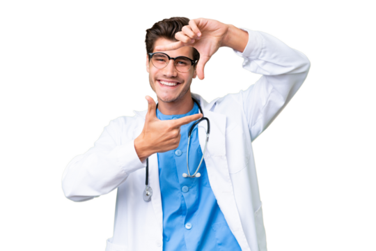 Young doctor man over isolated background focusing face. Framing symbol