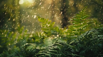 Rain falling on a dense thicket of ferns, creating a mesmerizing dance of water droplets amidst the foliage. - obrazy, fototapety, plakaty