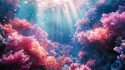 Vibrant underwater coral reef ecosystem illuminated by sunlight