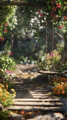 Visualize the enchanting blend of nature and movement in a garden swing dance mystery, using CG 3D rendering for a photorealistic portrayal of resin art pathways