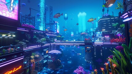Bring marine life to a new dimension with a worms-eye view terraforming scene Utilize electric blue hues to enhance the hacker-themed atmosphere, adding mystery and intrigue Incorporate a fortune cook