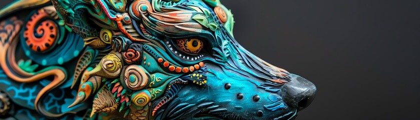 Bring to life a traditional clay sculpture of a mystical birds-eye view werewolf blending Eastern philosophy with deep sea exploration Infuse neon colors and hints of fossil details for added intrigue