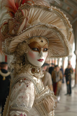 Woman in white and gold dress and hat at venetian carnival party