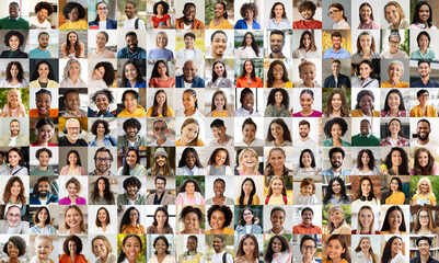 Collage of diverse multiethnic people faces smiling