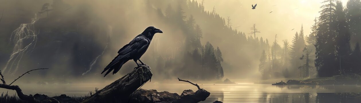 Harness the mysterious aura of noir with a long shot raven perched atop a totem in a river delta setting, infused with a blend of digital rendering techniques