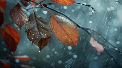 Rain-soaked leaves shimmering in the soft light of a cloudy day, evoking a sense of peace and tranquility - obrazy, fototapety, plakaty
