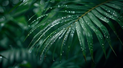 Rain-soaked palm leaves rustling in the wind, with droplets cascading down like tears of joy.