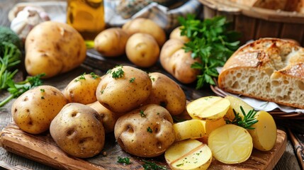 Daily Dietary Menu Featuring Potatoes and Bread - obrazy, fototapety, plakaty