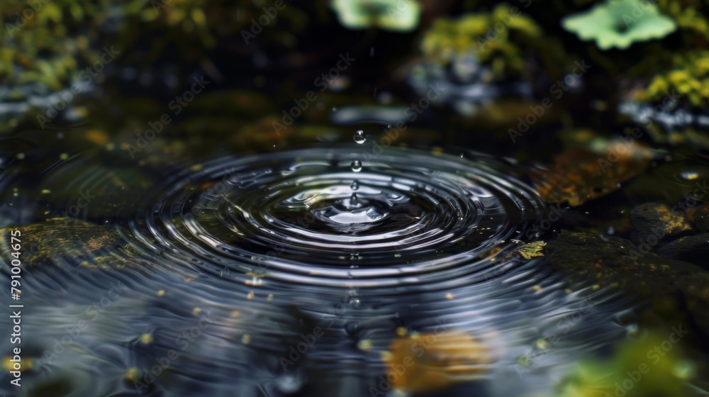 Poster Raindrops falling on a tranquil pond, creating concentric circles that ripple outwards in mesmerizing patterns.